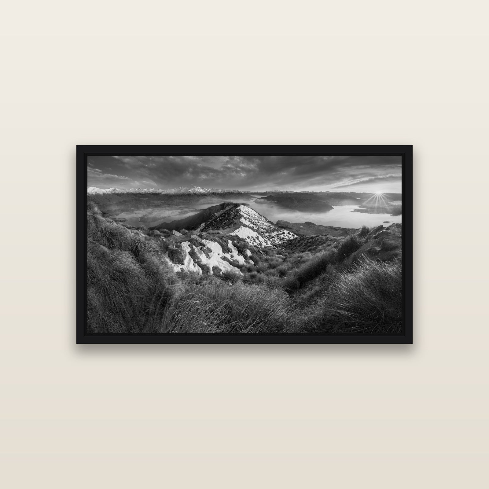Elysium's Ascent, Roy's Peak Radiance — Black framed metallic canvas print, small 81 × 46 cm. New Zealand fine art landscape wall art by Stephen Milner.