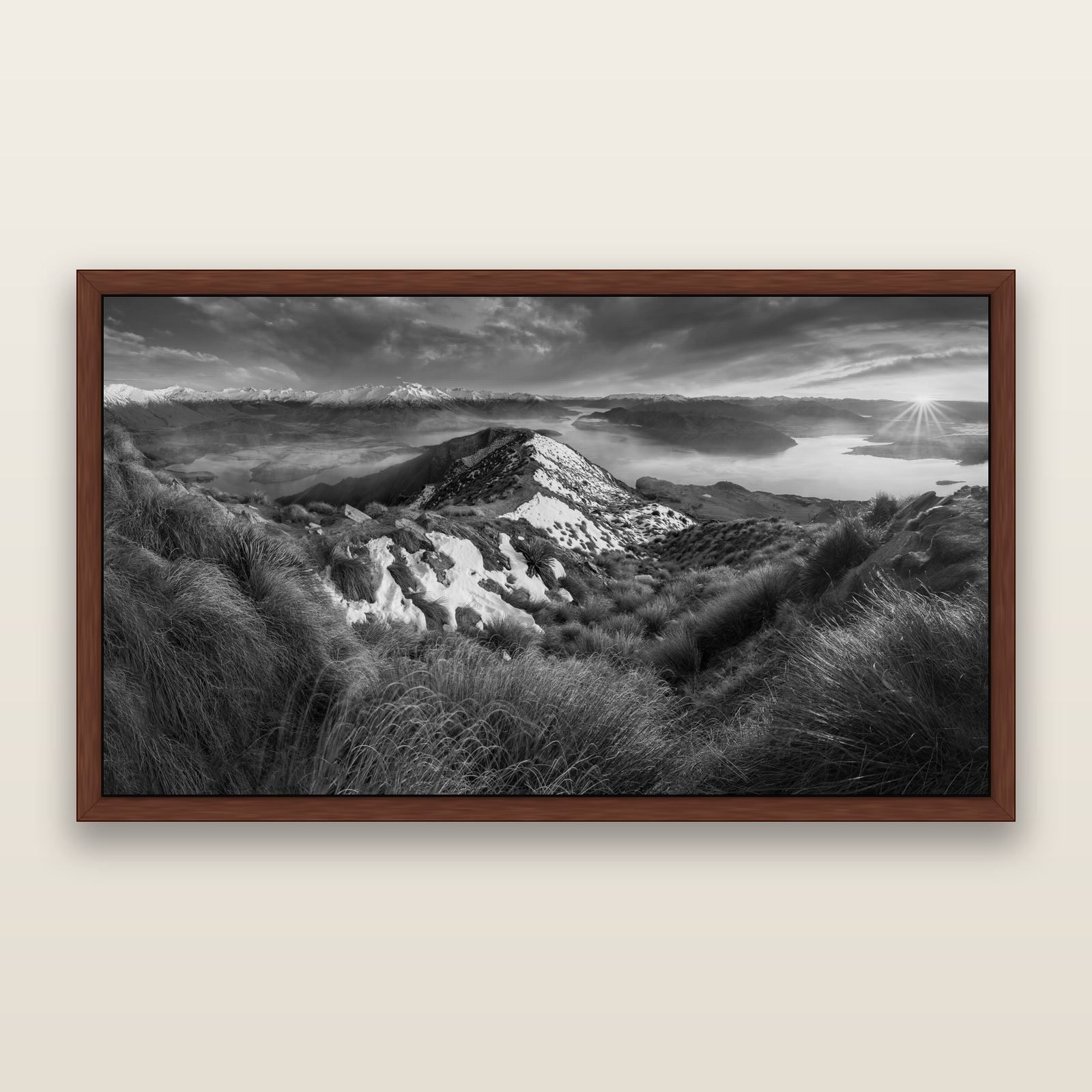 Elysium's Ascent, Roy's Peak Radiance, black and white framed metallic canvas print, Brown frame. New Zealand fine art wall art by Stephen Milner.
