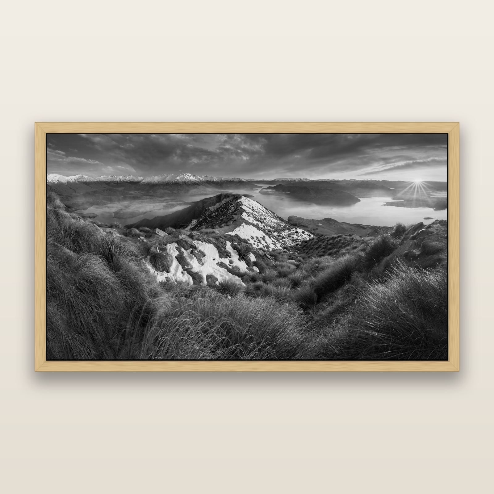 Elysium's Ascent, Roy's Peak Radiance, black and white framed metallic canvas print, Natural frame. New Zealand fine art wall art by Stephen Milner.