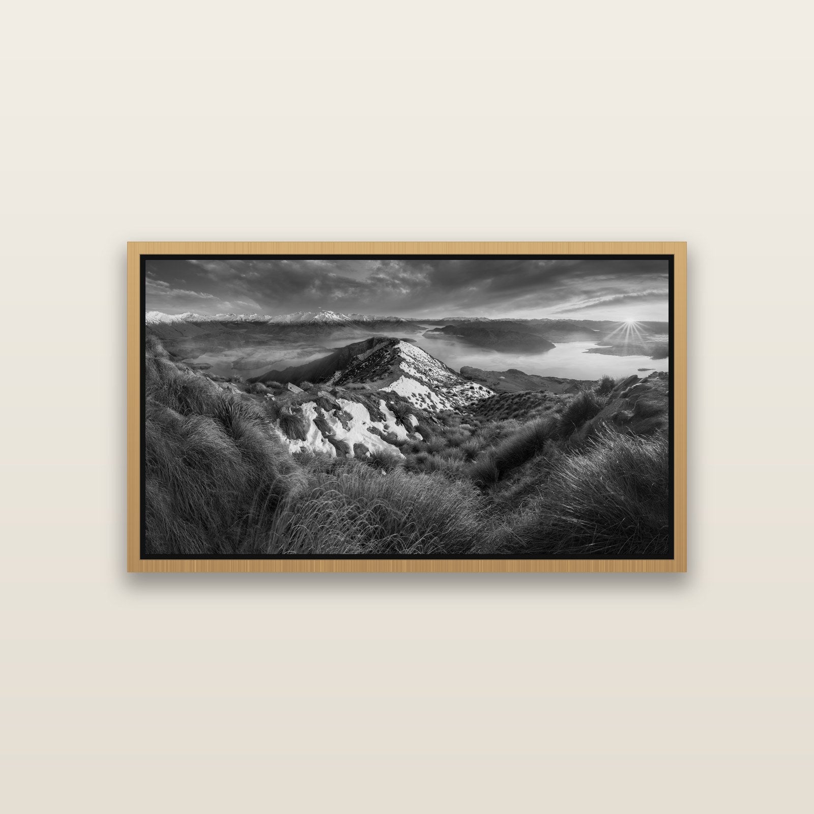 Elysium's Ascent, Roy's Peak Radiance — Natural framed metallic canvas print, small 81 × 46 cm. New Zealand fine art landscape wall art by Stephen Milner.