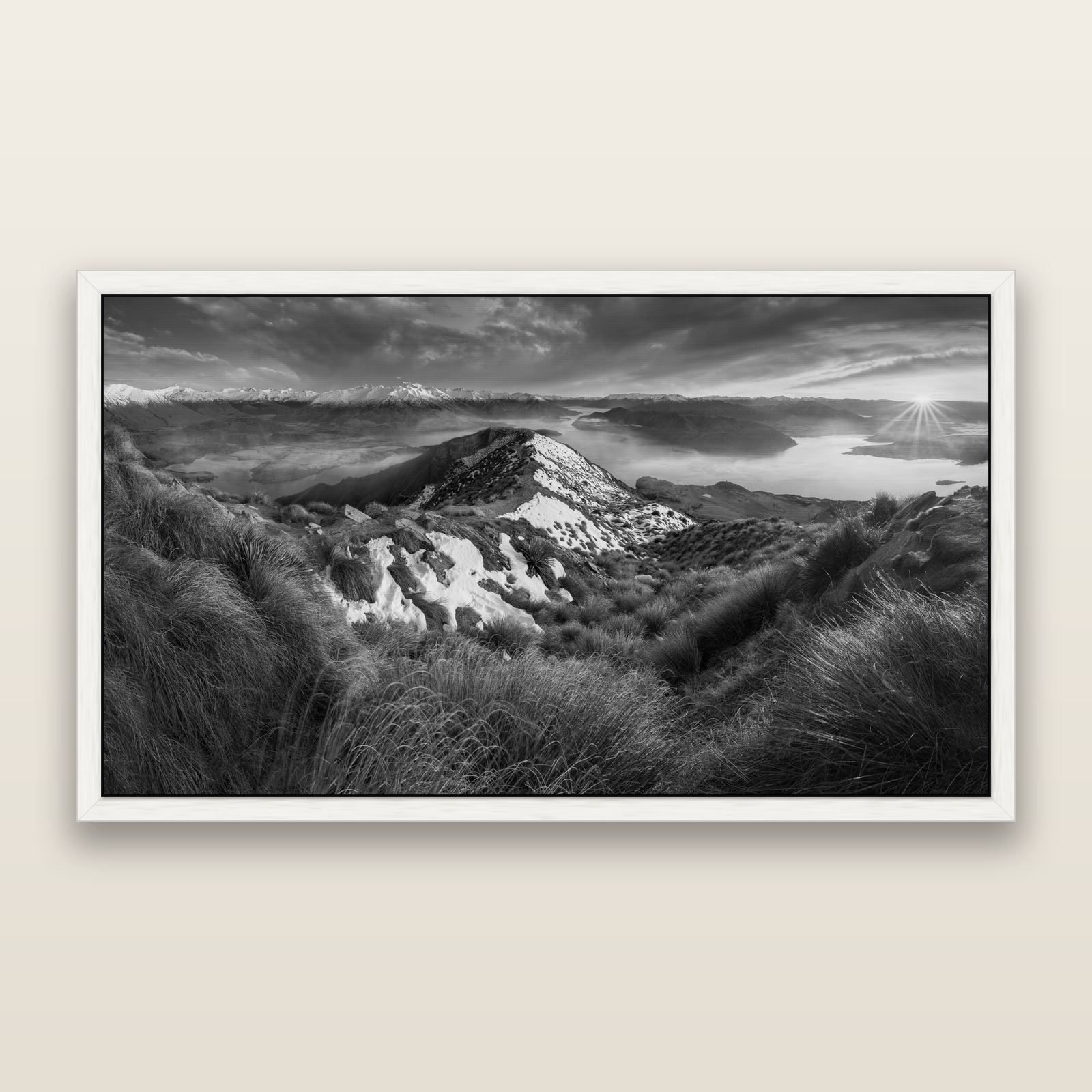 Elysium's Ascent, Roy's Peak Radiance, black and white framed metallic canvas print, White frame. New Zealand fine art wall art by Stephen Milner.