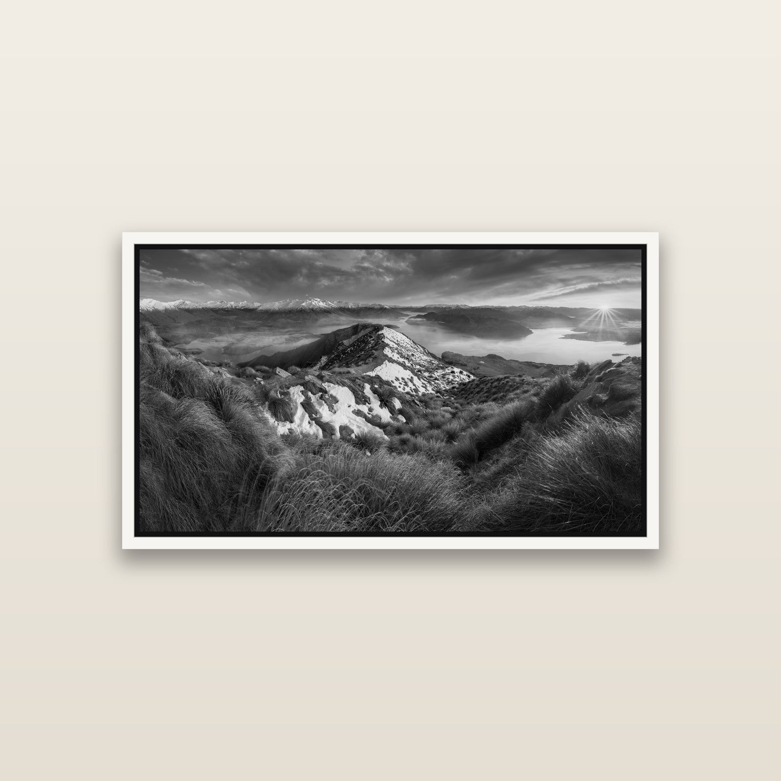 Elysium's Ascent, Roy's Peak Radiance — White framed metallic canvas print, small 81 × 46 cm. New Zealand fine art landscape wall art by Stephen Milner.