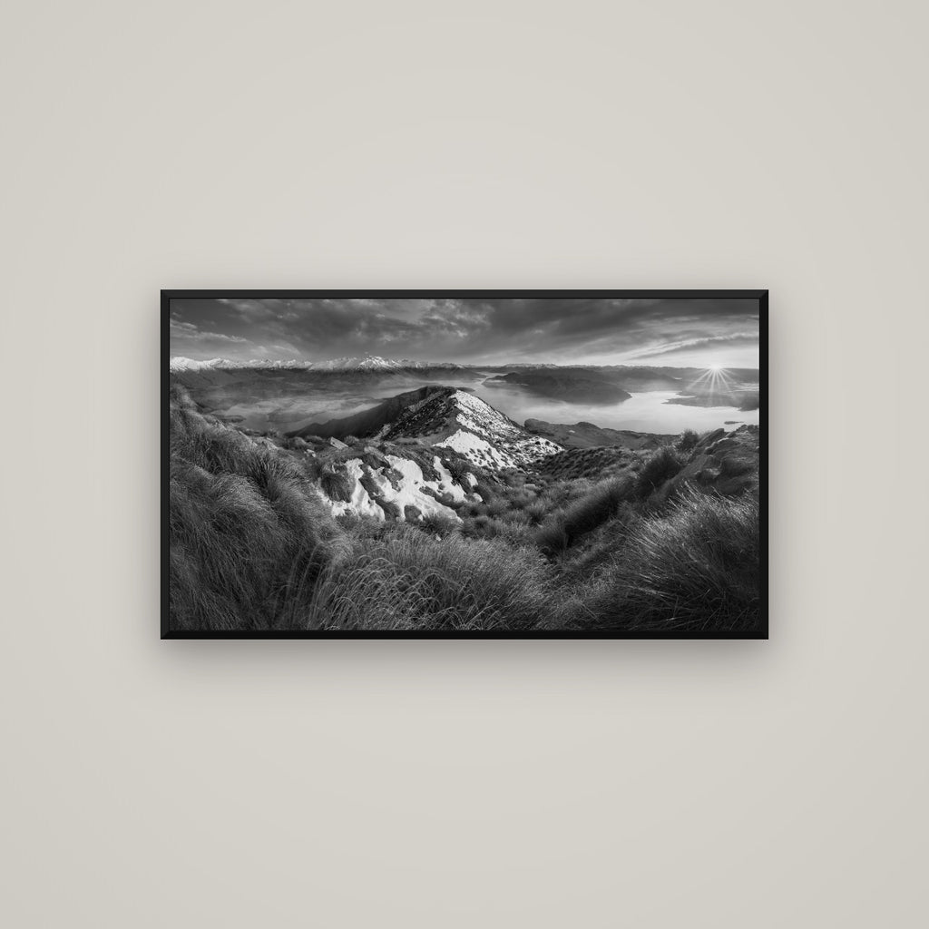 Elysium's Ascent, Roy's Peak Radiance — Basel Black Matte, 107×60 cm. New Zealand fine art wall art by Stephen Milner.