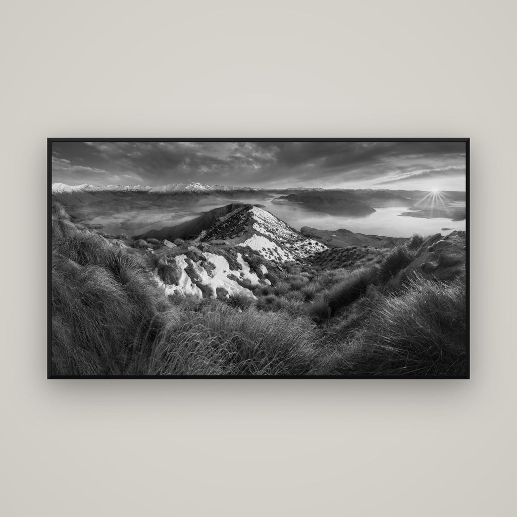 Elysium's Ascent, Roy's Peak Radiance — Basel Black Matte, 160×90 cm. New Zealand fine art wall art by Stephen Milner.