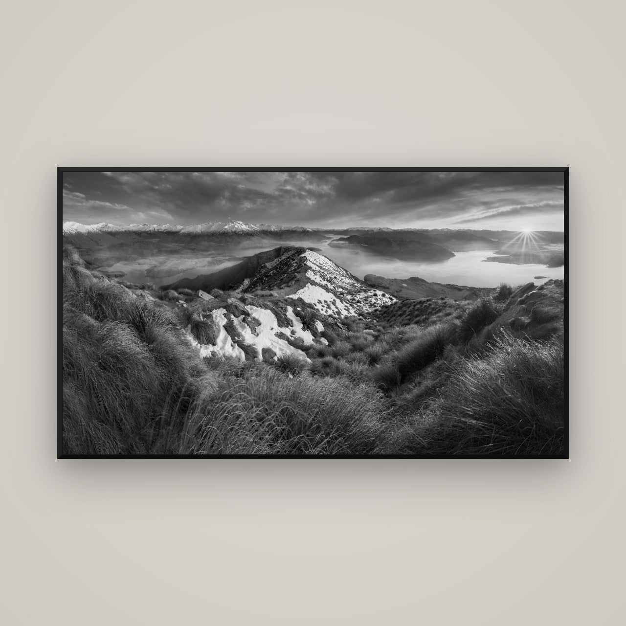 Elysium's Ascent, Roy's Peak Radiance — Basel Black, 160×90 cm. New Zealand fine art wall art by Stephen Milner.