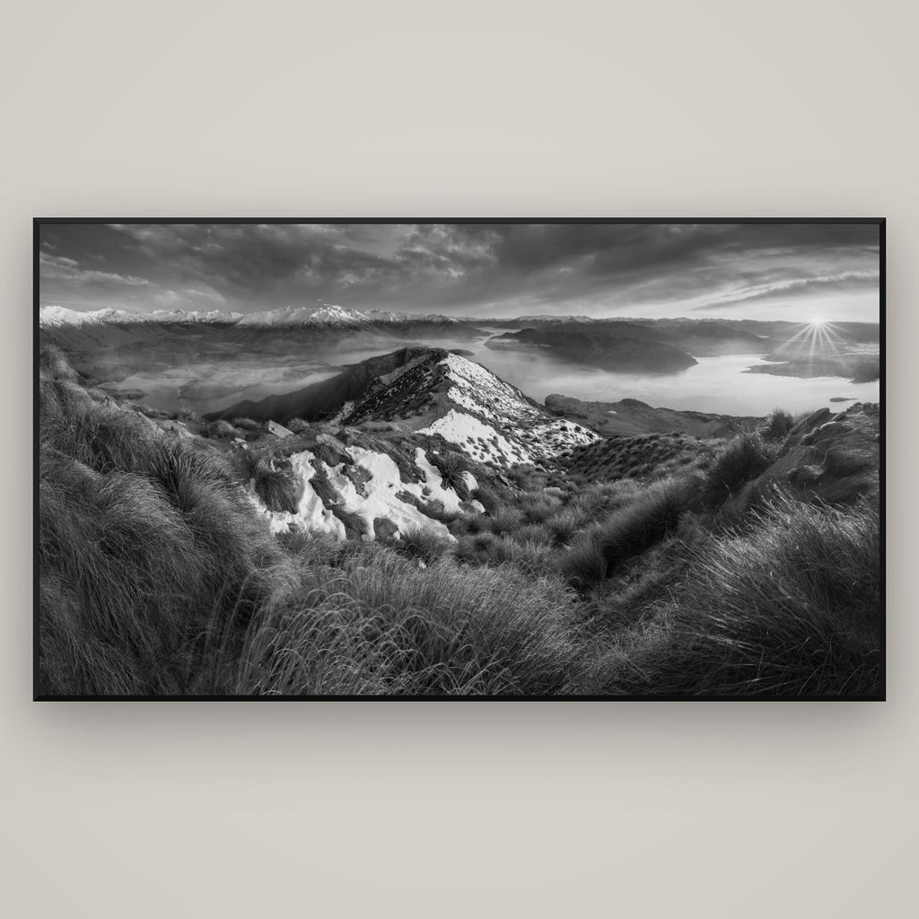 Elysium's Ascent, Roy's Peak Radiance — Basel Black Matte, 196×110 cm. New Zealand fine art wall art by Stephen Milner.