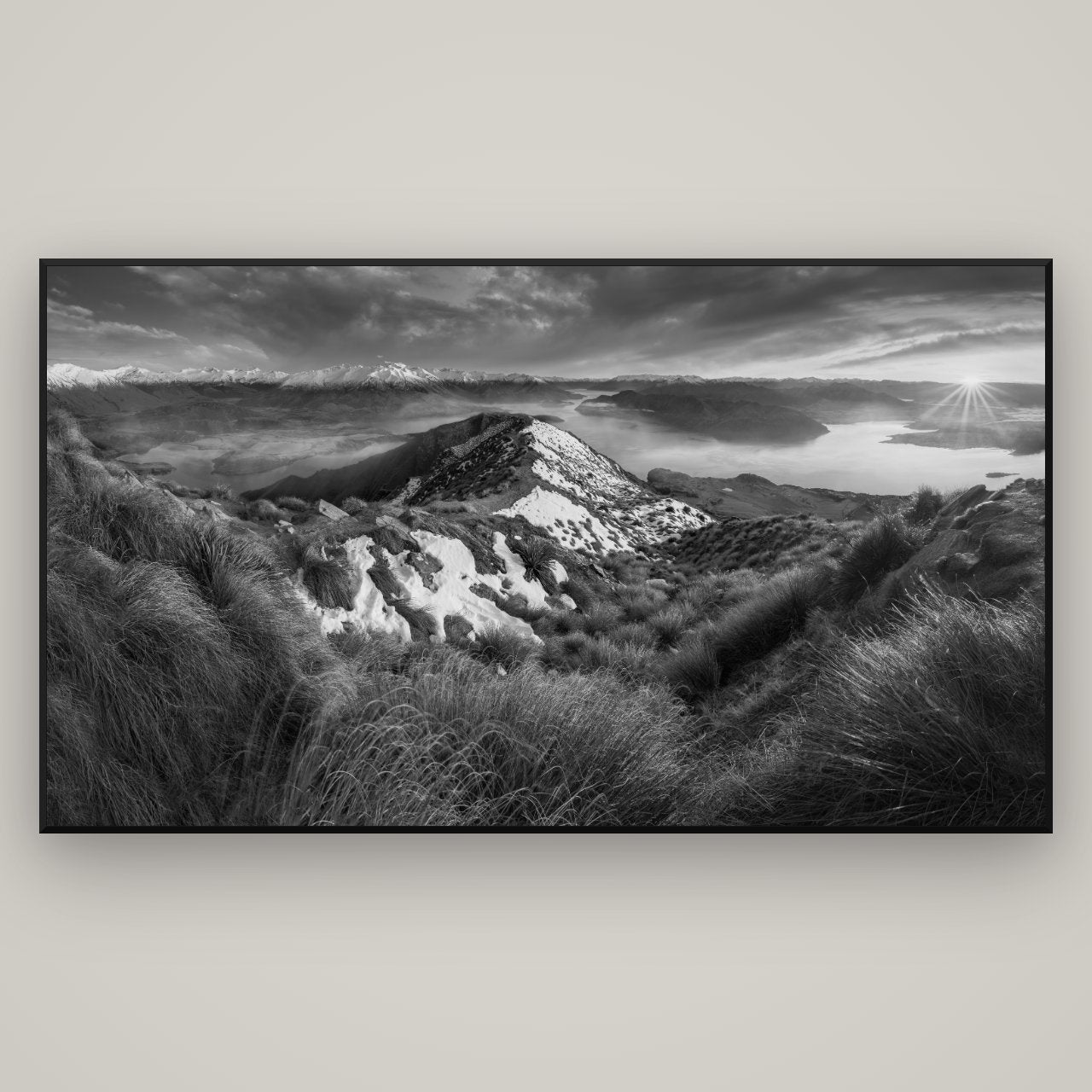 Elysium's Ascent, Roy's Peak Radiance — Basel Black, 196×110 cm. New Zealand fine art wall art by Stephen Milner.