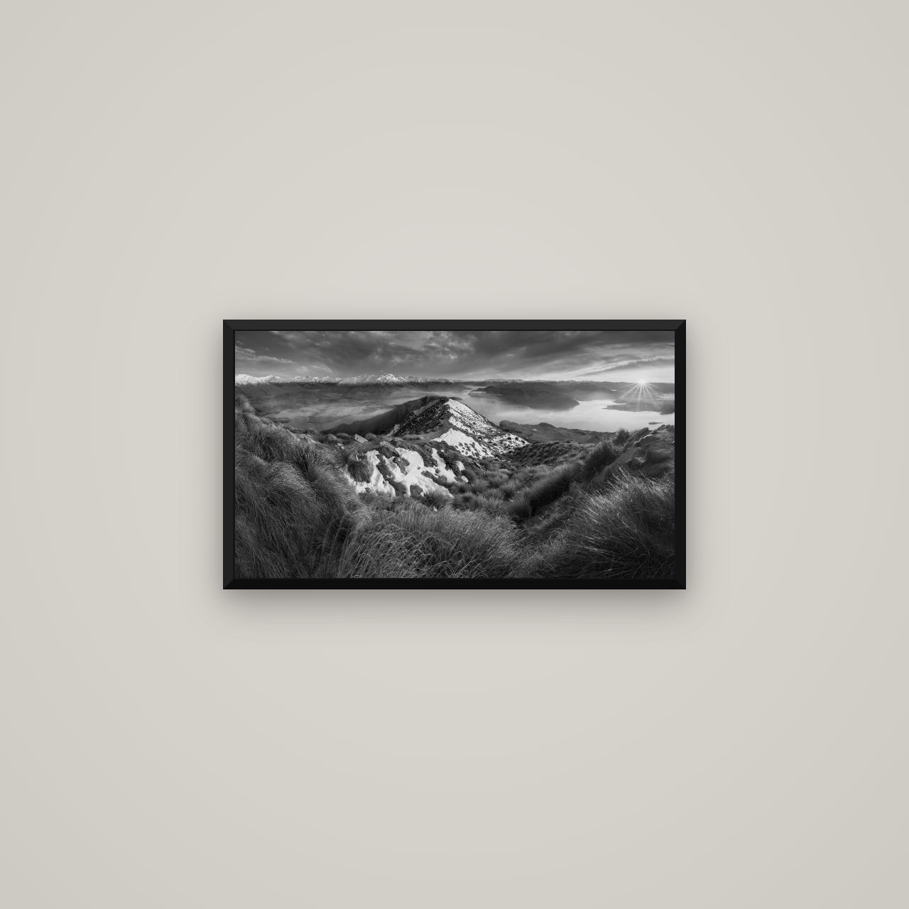 Elysium's Ascent, Roy's Peak Radiance — Basel Black Matte, 64×36 cm. New Zealand fine art wall art by Stephen Milner.