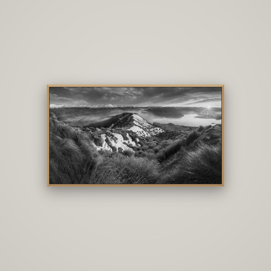 Elysium's Ascent, Roy's Peak Radiance, Basel Natural Oak, 107×60 cm. New Zealand fine art wall art by Stephen Milner.