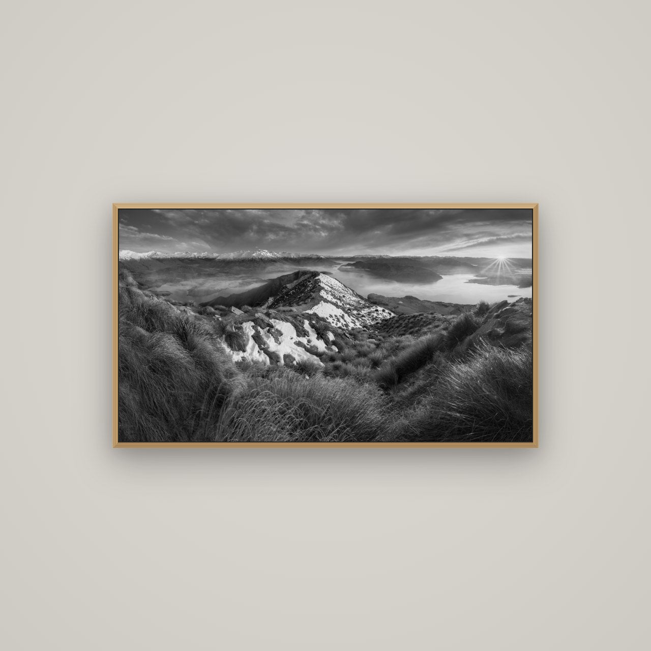 Elysium's Ascent, Roy's Peak Radiance, Basel Natural Oak, 107×60 cm. New Zealand fine art wall art by Stephen Milner.