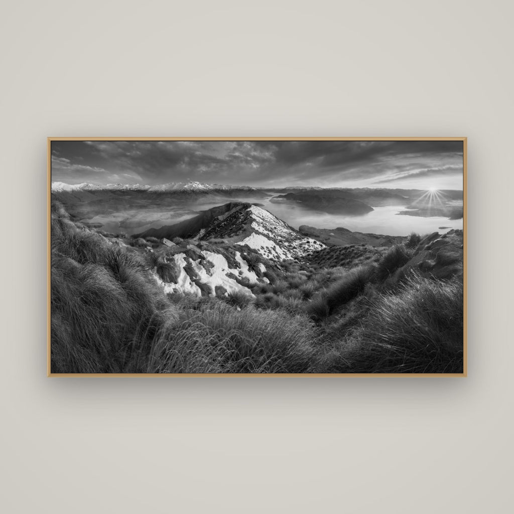 Elysium's Ascent, Roy's Peak Radiance, Basel Natural Oak, 160×90 cm. New Zealand fine art wall art by Stephen Milner.