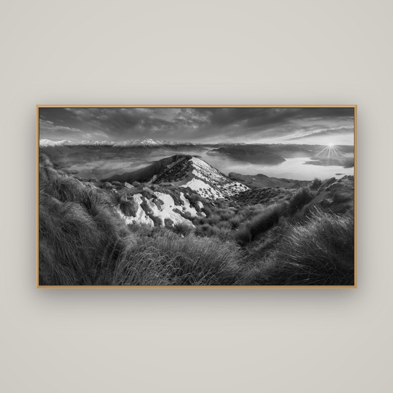Elysium's Ascent, Roy's Peak Radiance, Basel Natural Oak, 160×90 cm. New Zealand fine art wall art by Stephen Milner.