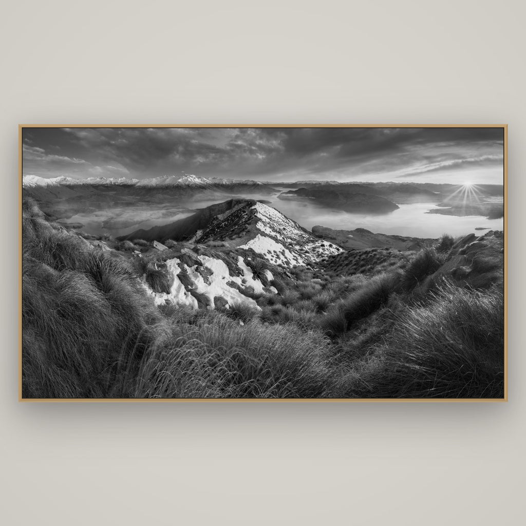 Elysium's Ascent, Roy's Peak Radiance, Basel Natural Oak, 196×110 cm. New Zealand fine art wall art by Stephen Milner.