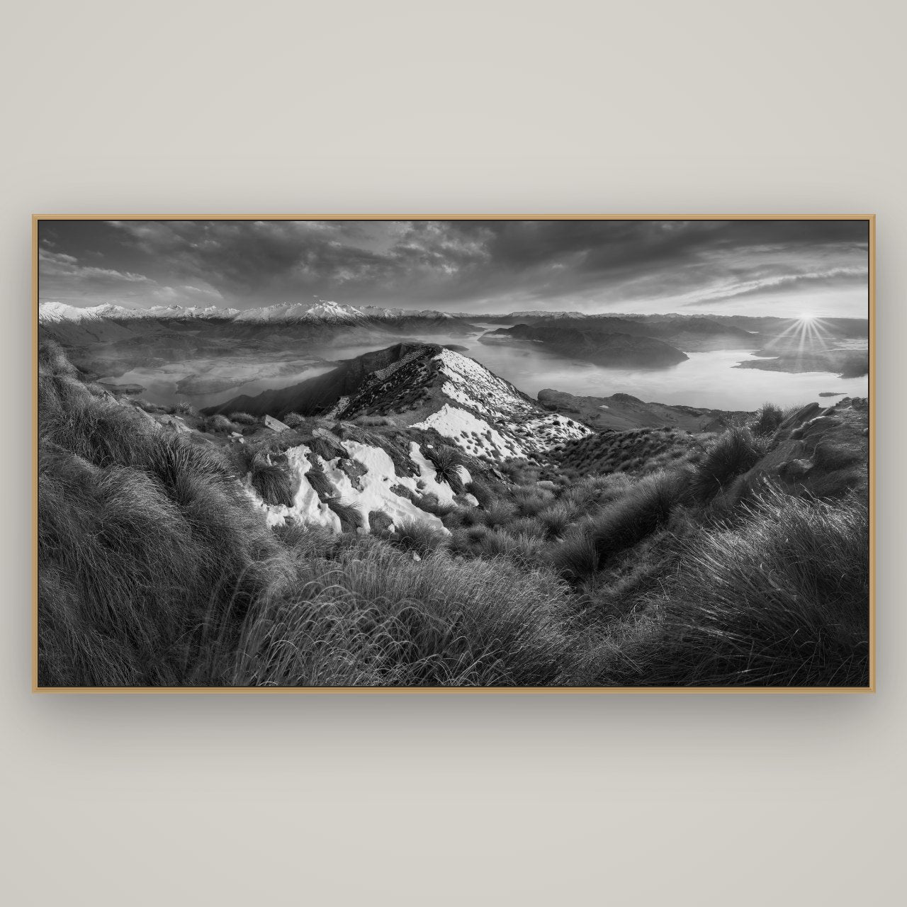 Elysium's Ascent, Roy's Peak Radiance, Basel Natural Oak, 196×110 cm. New Zealand fine art wall art by Stephen Milner.