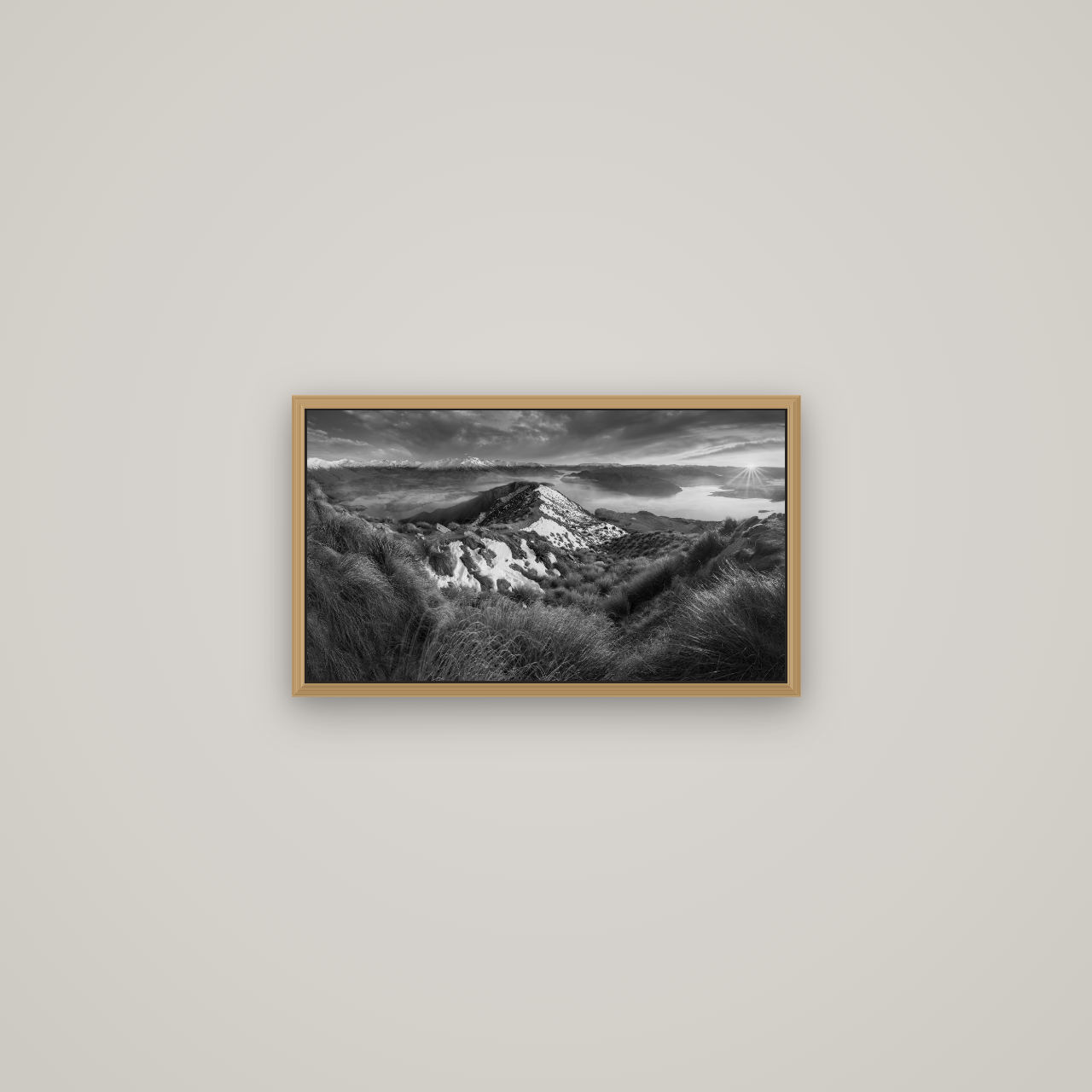 Elysium's Ascent, Roy's Peak Radiance, Basel Natural Oak, 53×30 cm. New Zealand fine art wall art by Stephen Milner.