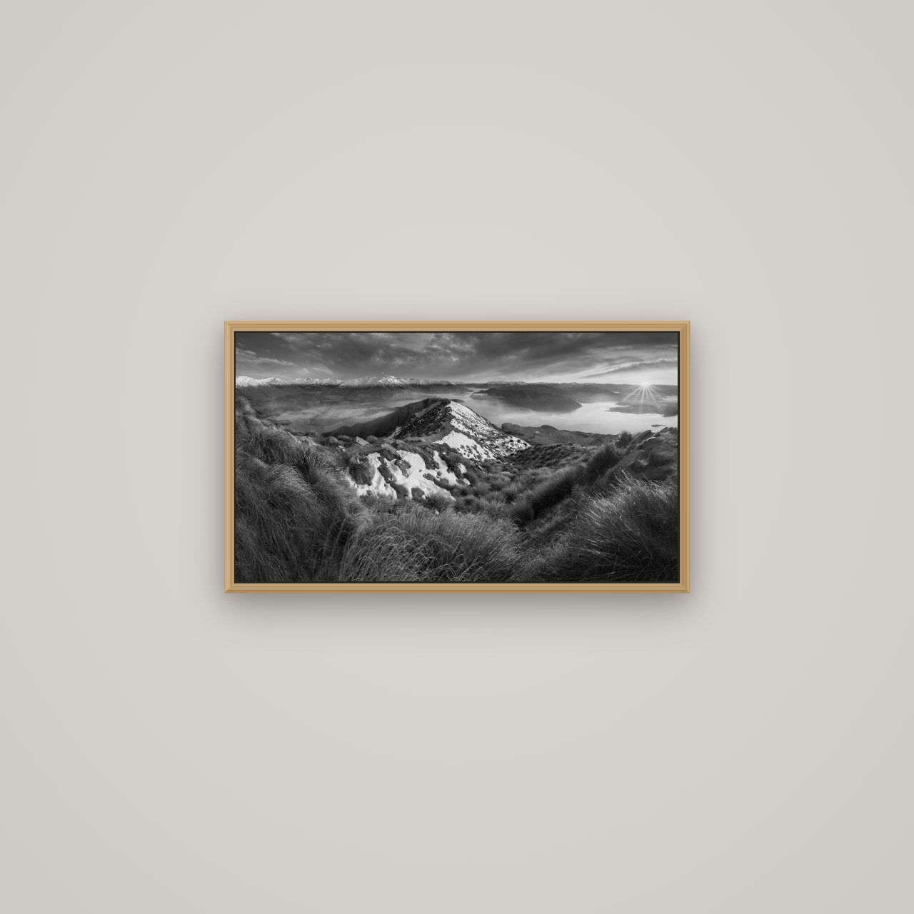 Elysium's Ascent, Roy's Peak Radiance, Basel Natural Oak, 64×36 cm. New Zealand fine art wall art by Stephen Milner.