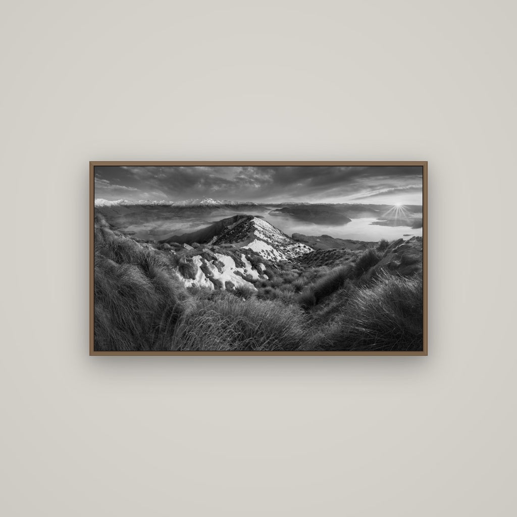 Elysium's Ascent, Roy's Peak Radiance, Basel Walnut, 107×60 cm. New Zealand fine art wall art by Stephen Milner.