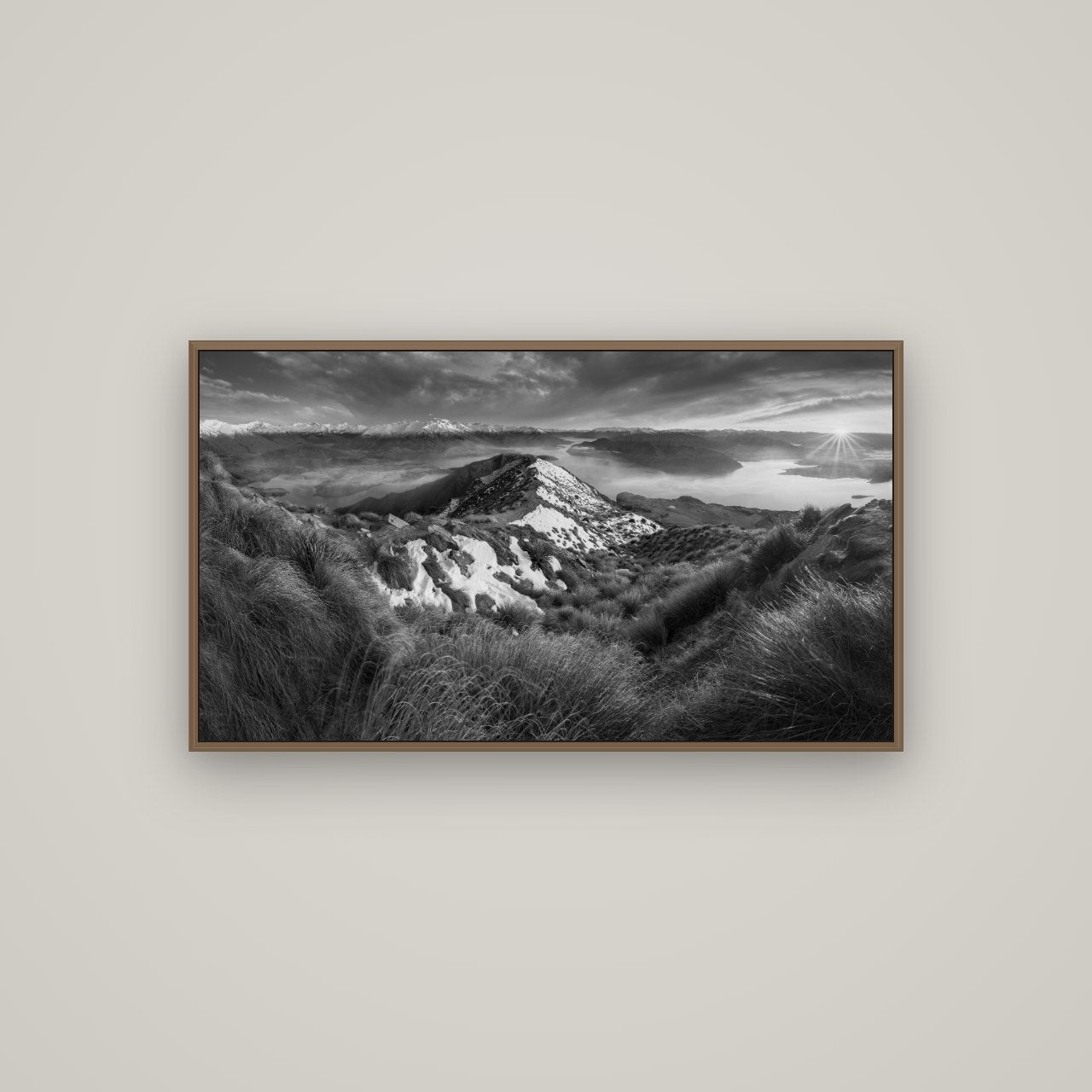 Elysium's Ascent, Roy's Peak Radiance, Basel Walnut, 107×60 cm. New Zealand fine art wall art by Stephen Milner.