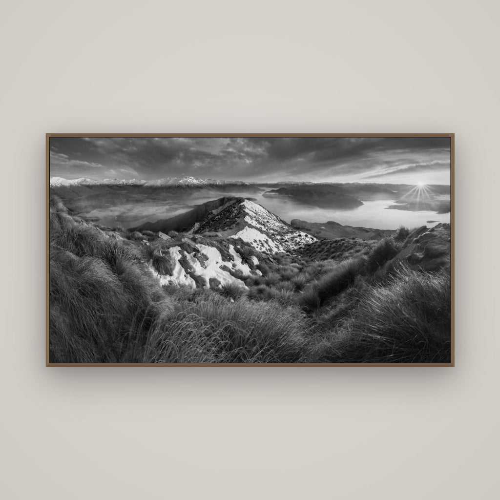 Elysium's Ascent, Roy's Peak Radiance, Basel Walnut, 160×90 cm. New Zealand fine art wall art by Stephen Milner.