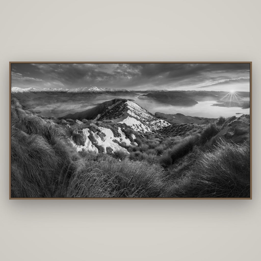 Elysium's Ascent, Roy's Peak Radiance, Basel Walnut, 196×110 cm. New Zealand fine art wall art by Stephen Milner.