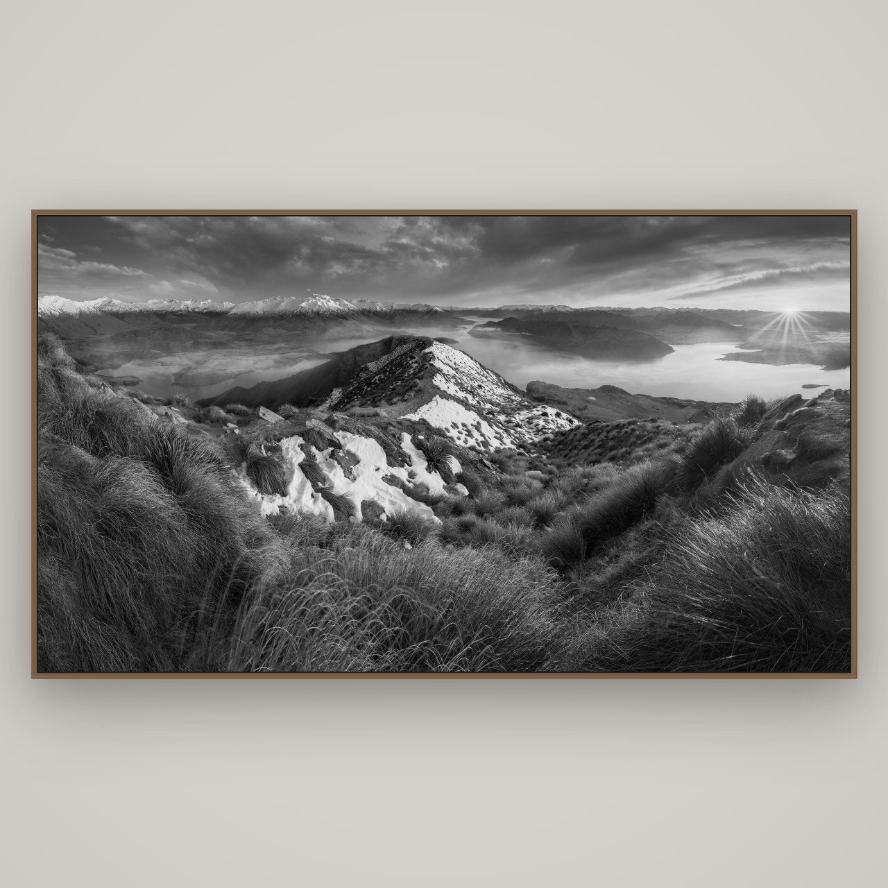 Elysium's Ascent, Roy's Peak Radiance, Basel Walnut, 196×110 cm. New Zealand fine art wall art by Stephen Milner.