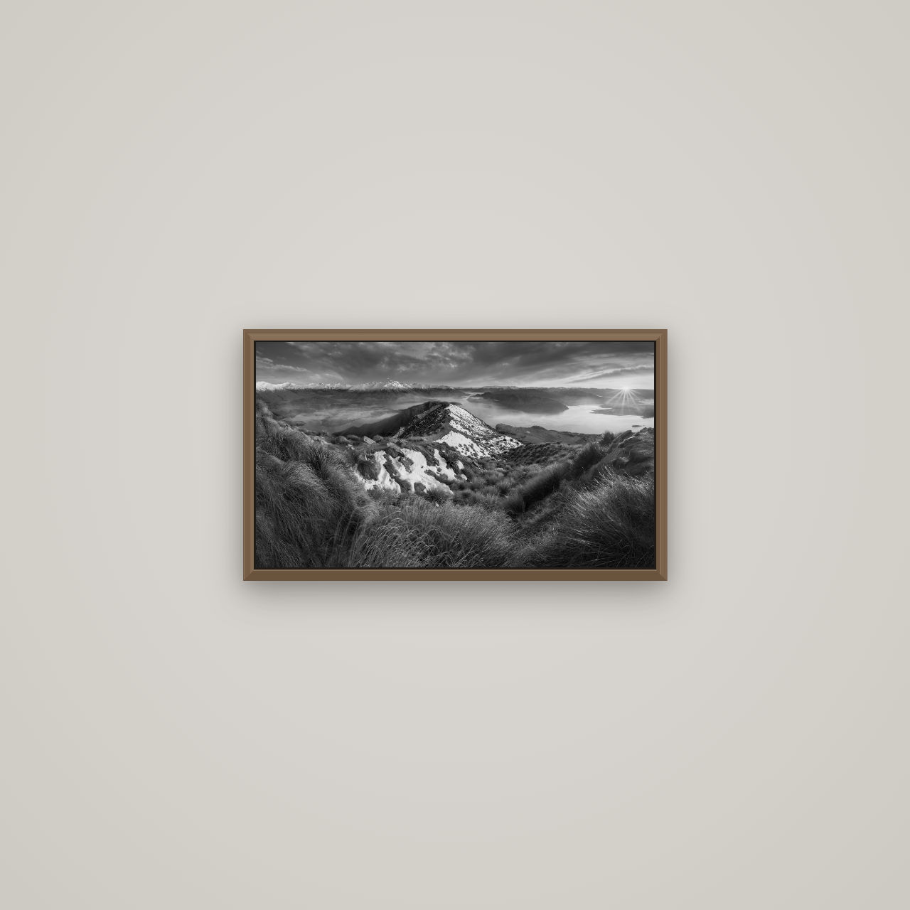 Elysium's Ascent, Roy's Peak Radiance, Basel Walnut, 53×30 cm. New Zealand fine art wall art by Stephen Milner.