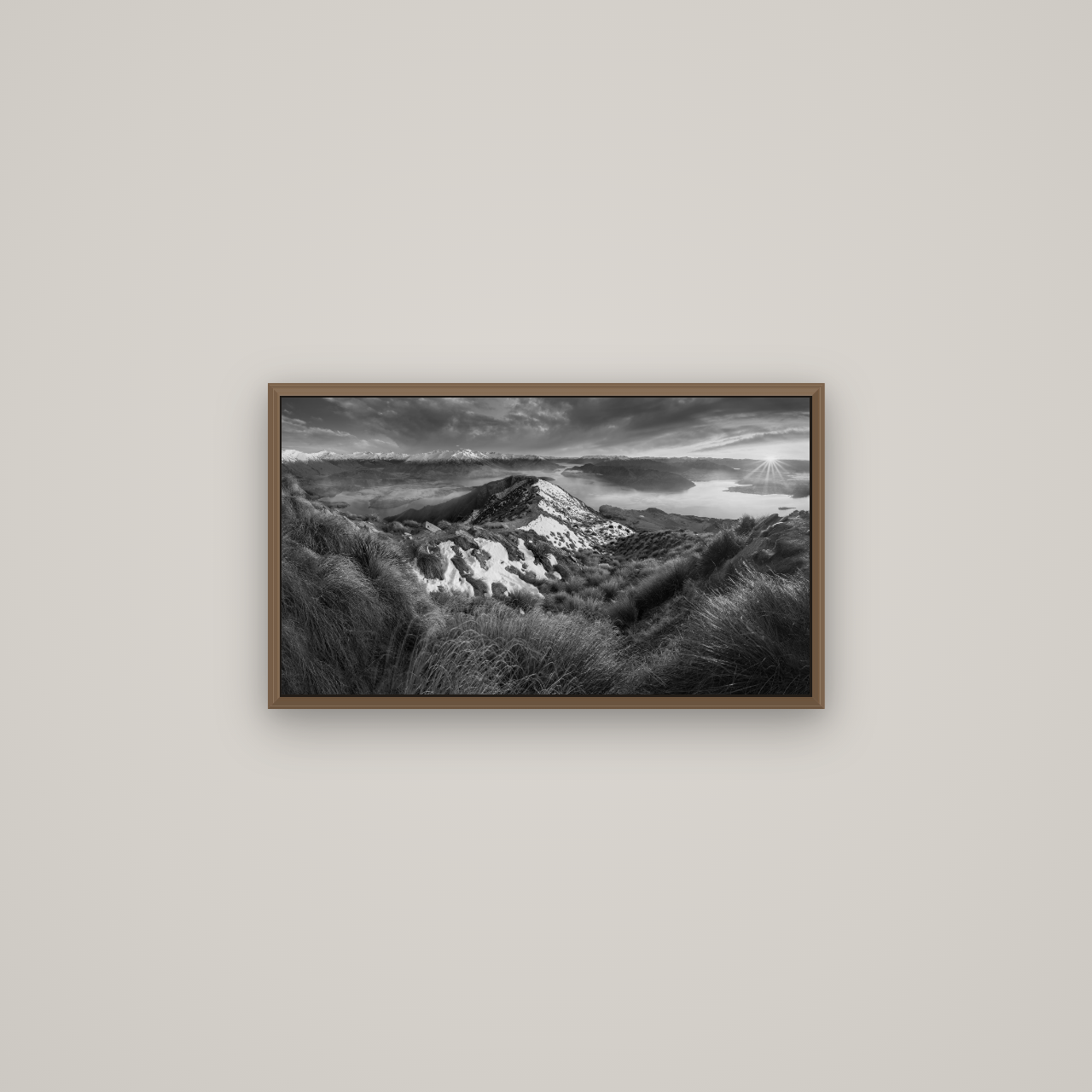 Elysium's Ascent, Roy's Peak Radiance, Basel Walnut, 64×36 cm. New Zealand fine art wall art by Stephen Milner.