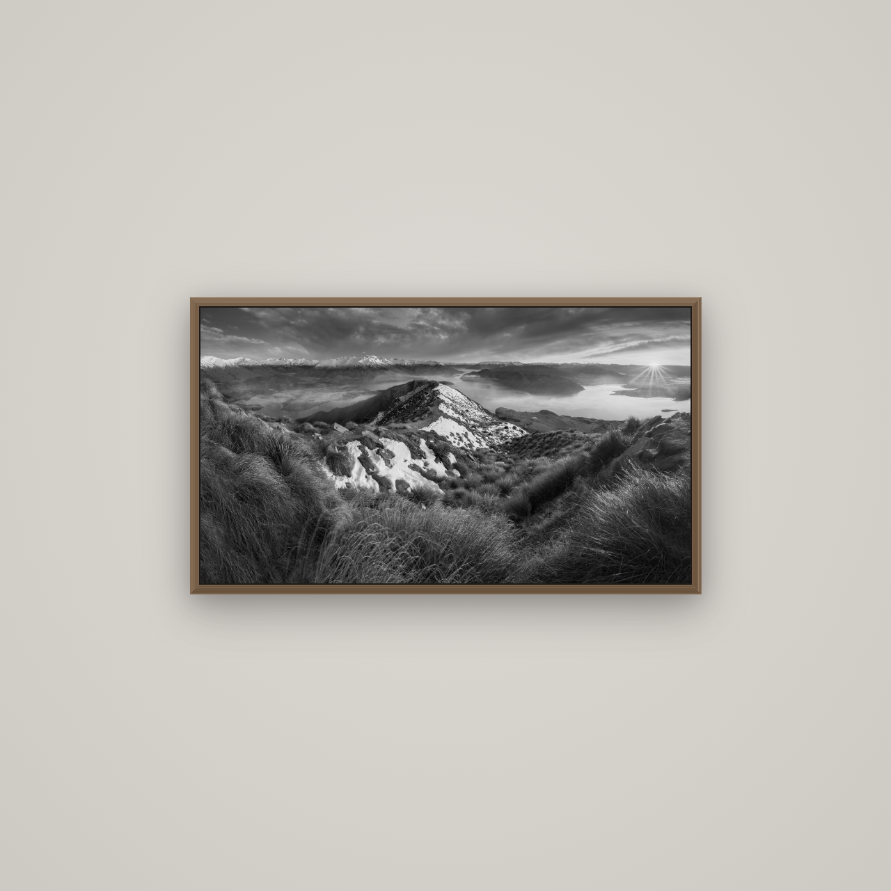 Elysium's Ascent, Roy's Peak Radiance, Basel Walnut, 80×45 cm. New Zealand fine art wall art by Stephen Milner.