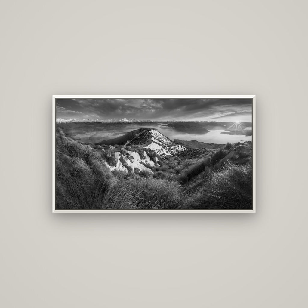 Elysium's Ascent, Roy's Peak Radiance — Basel White, 107×60 cm. New Zealand fine art wall art by Stephen Milner.
