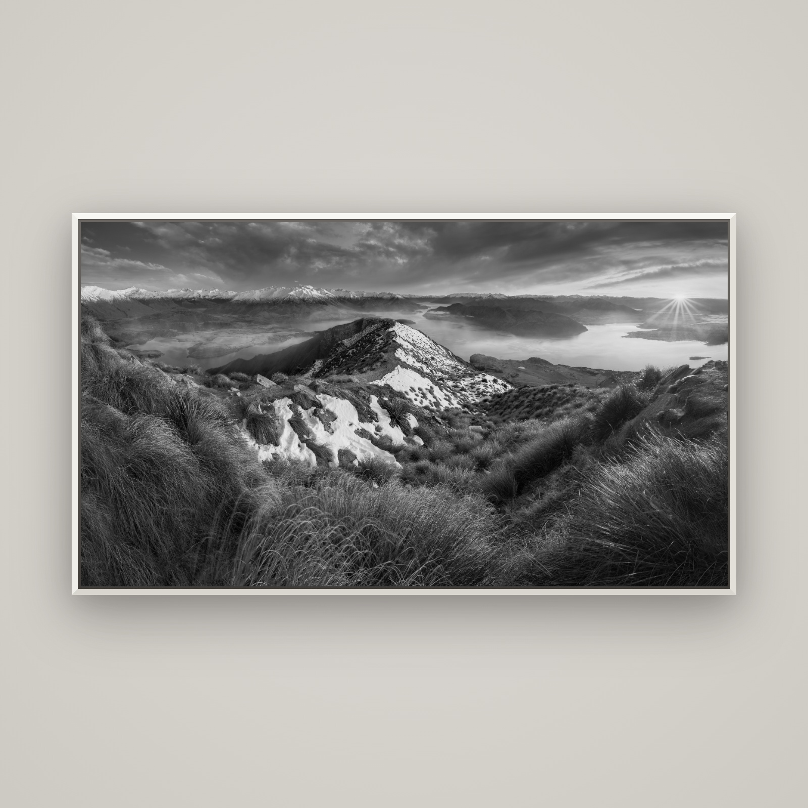 Elysium's Ascent, Roy's Peak Radiance — Basel White, 160×90 cm. New Zealand fine art wall art by Stephen Milner.