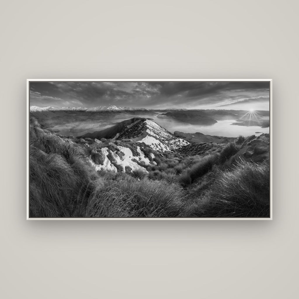 Elysium's Ascent, Roy's Peak Radiance — Basel White, 160×90 cm. New Zealand fine art wall art by Stephen Milner.
