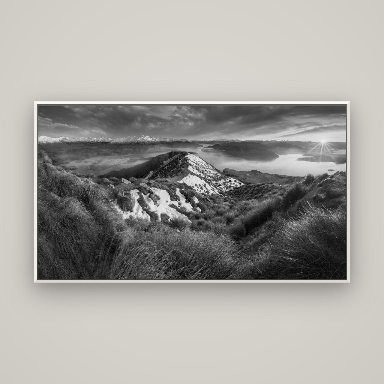 Elysium's Ascent, Roy's Peak Radiance — Basel White, 160×90 cm. New Zealand fine art wall art by Stephen Milner.