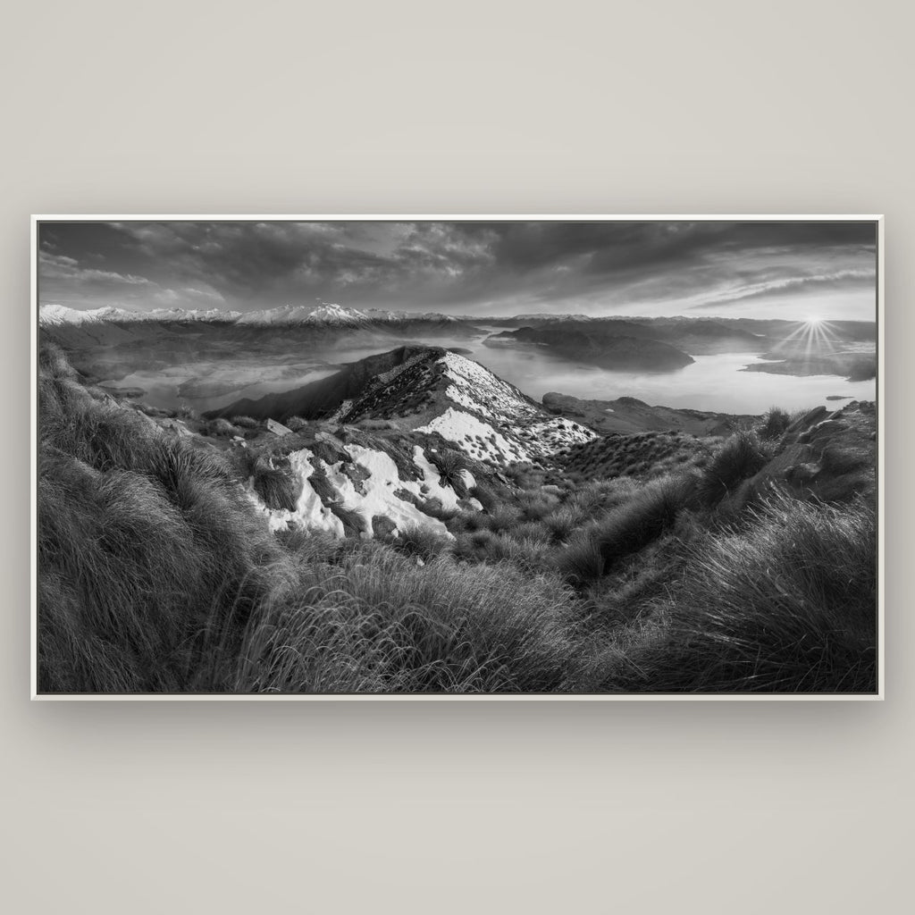 Elysium's Ascent, Roy's Peak Radiance — Basel White, 196×110 cm. New Zealand fine art wall art by Stephen Milner.