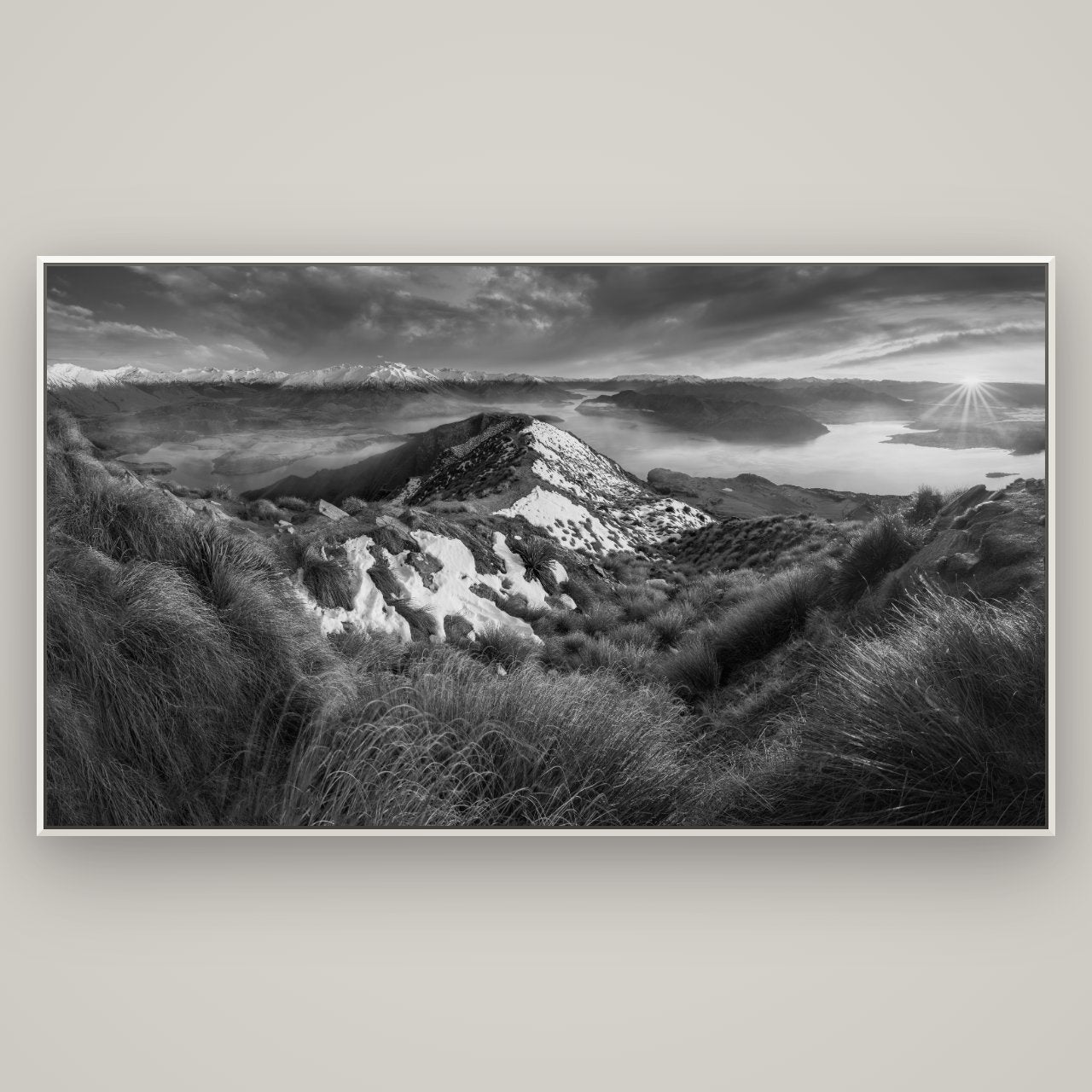 Elysium's Ascent, Roy's Peak Radiance — Basel White, 196×110 cm. New Zealand fine art wall art by Stephen Milner.