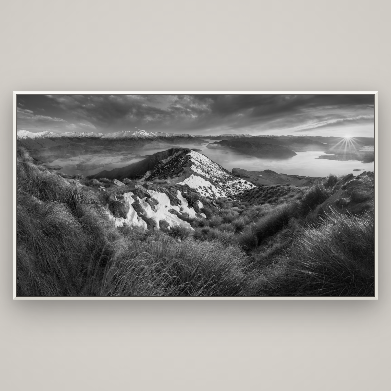 Elysium's Ascent, Roy's Peak Radiance — Basel White, 196×110 cm. New Zealand fine art wall art by Stephen Milner.