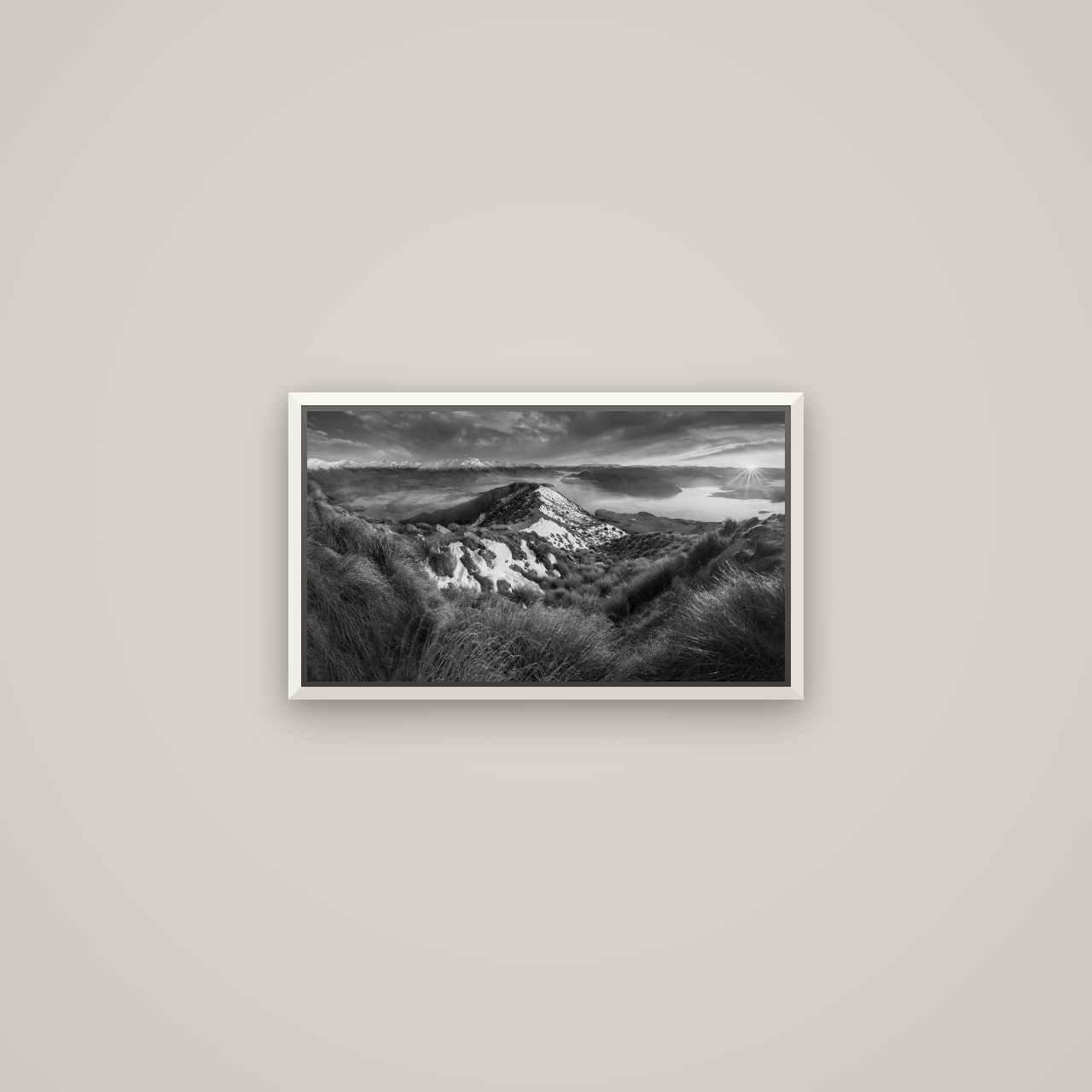 Elysium's Ascent, Roy's Peak Radiance — Basel White, 53×30 cm. New Zealand fine art wall art by Stephen Milner.
