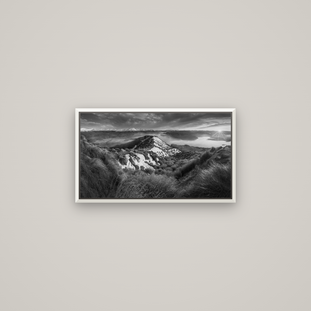 Elysium's Ascent, Roy's Peak Radiance — Basel White, 64×36 cm. New Zealand fine art wall art by Stephen Milner.