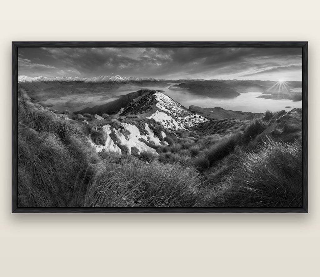 Elysium's Ascent, Roy's Peak Radiance — black float frame canvas, 200 × 130 cm. New Zealand fine art landscape wall art by Stephen Milner.