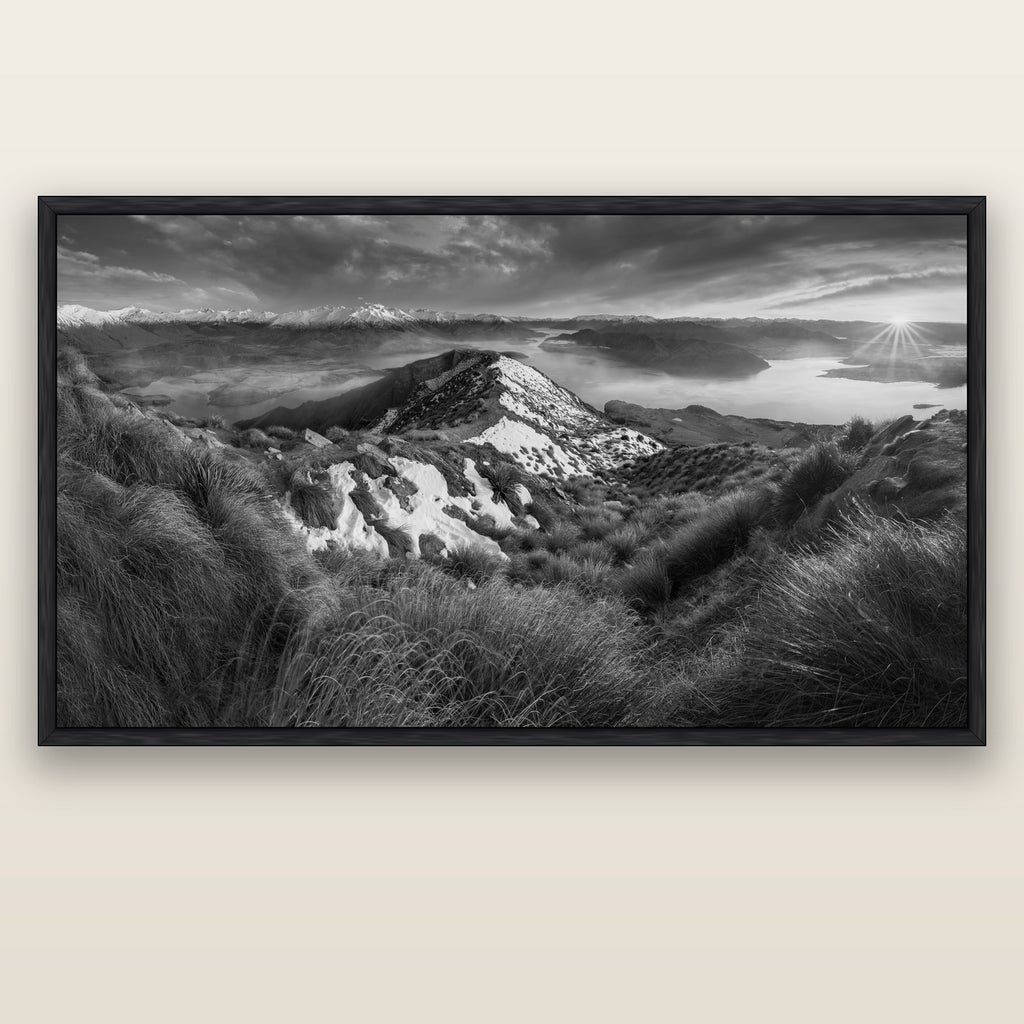 Elysium's Ascent, Roy's Peak Radiance — black float frame canvas, 200 × 130 cm. New Zealand fine art landscape wall art by Stephen Milner.