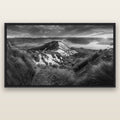 Elysium's Ascent, Roy's Peak Radiance — black float frame canvas, 200 × 130 cm. New Zealand fine art landscape wall art by Stephen Milner.