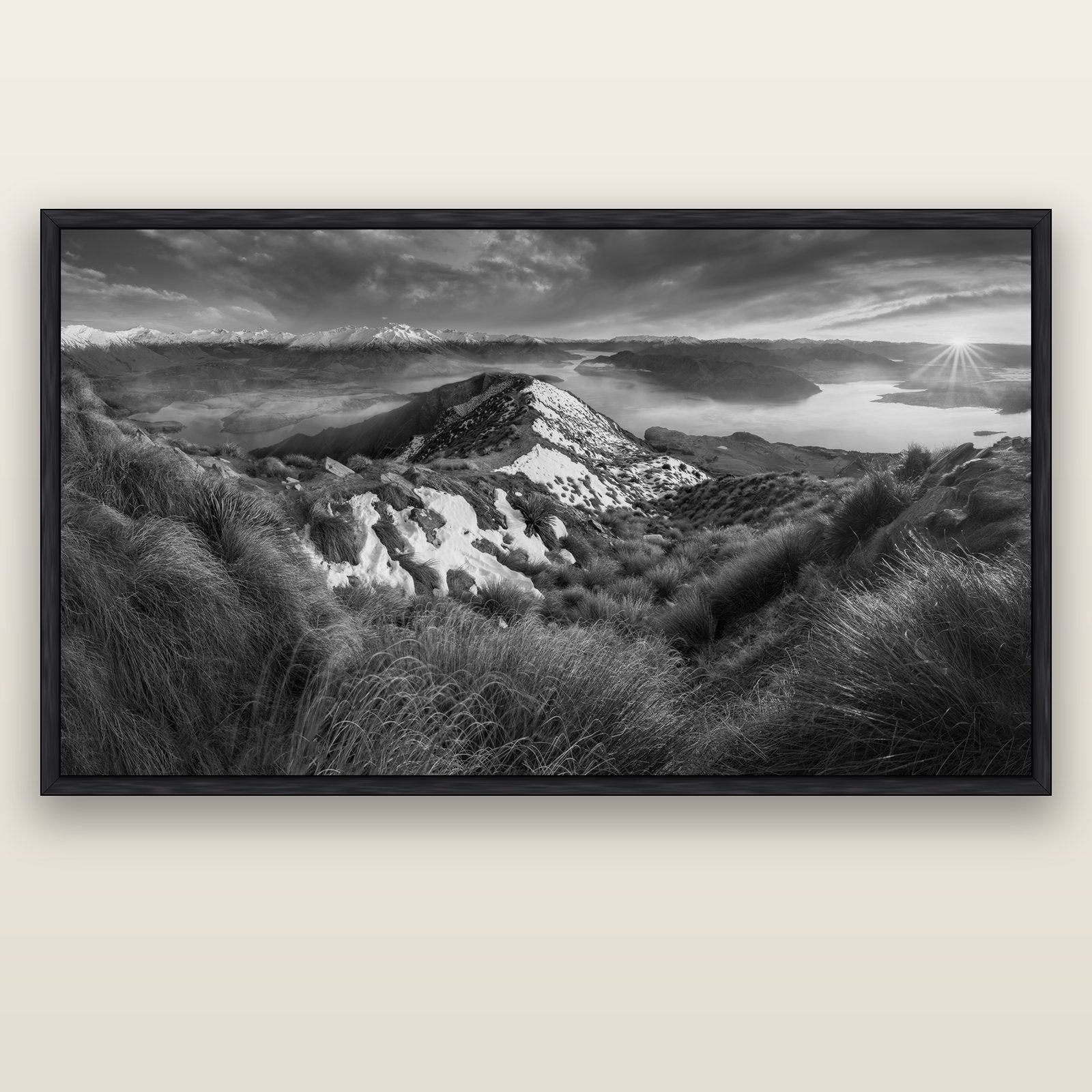 Elysium's Ascent, Roy's Peak Radiance — black float frame canvas, 200 × 130 cm. New Zealand fine art landscape wall art by Stephen Milner.