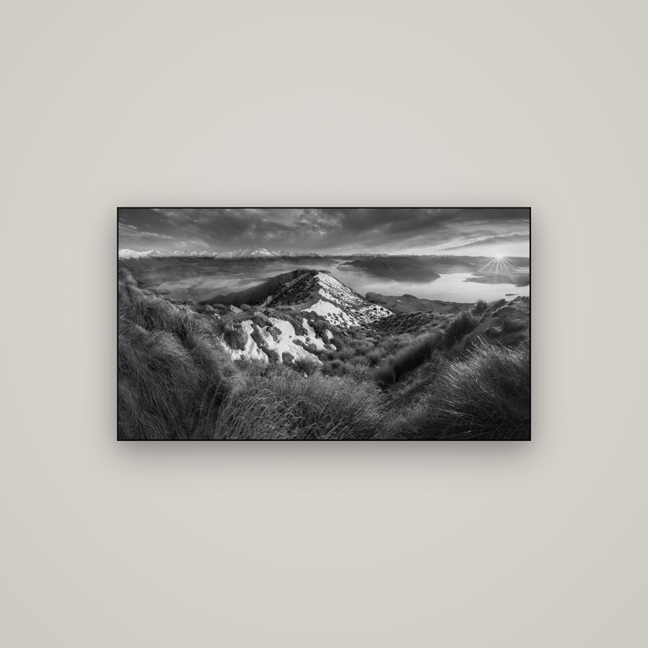 Elysium's Ascent, Roy's Peak Radiance — Slimline Black, 107×60 cm. New Zealand fine art wall art by Stephen Milner.