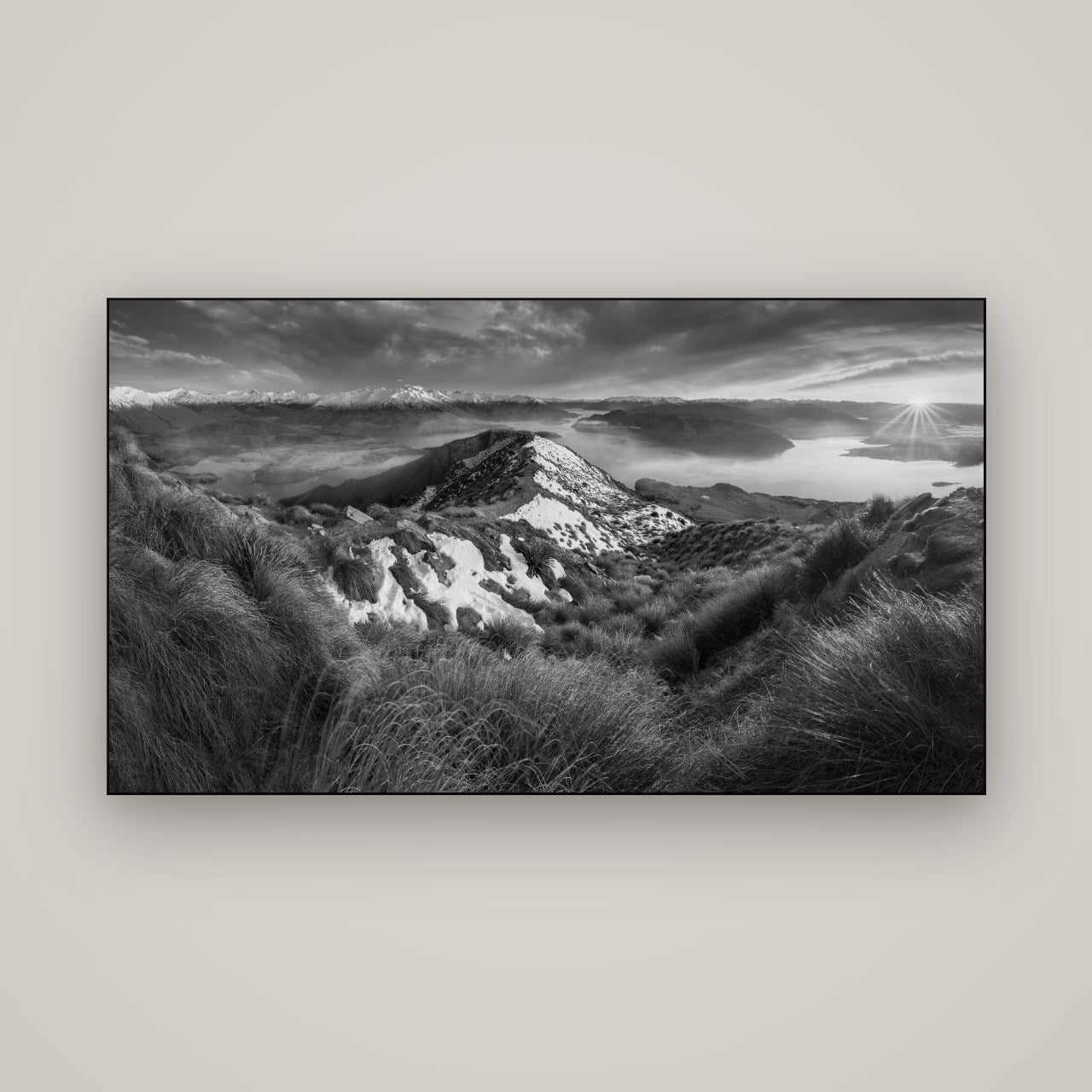 Elysium's Ascent, Roy's Peak Radiance — Slimline Black, 160×90 cm. New Zealand fine art wall art by Stephen Milner.
