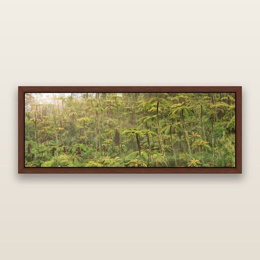 Enchanted Reverie, Tall Ferns' Embrace — framed metallic canvas print, Brown frame. New Zealand fine art landscape wall art by Stephen Milner.