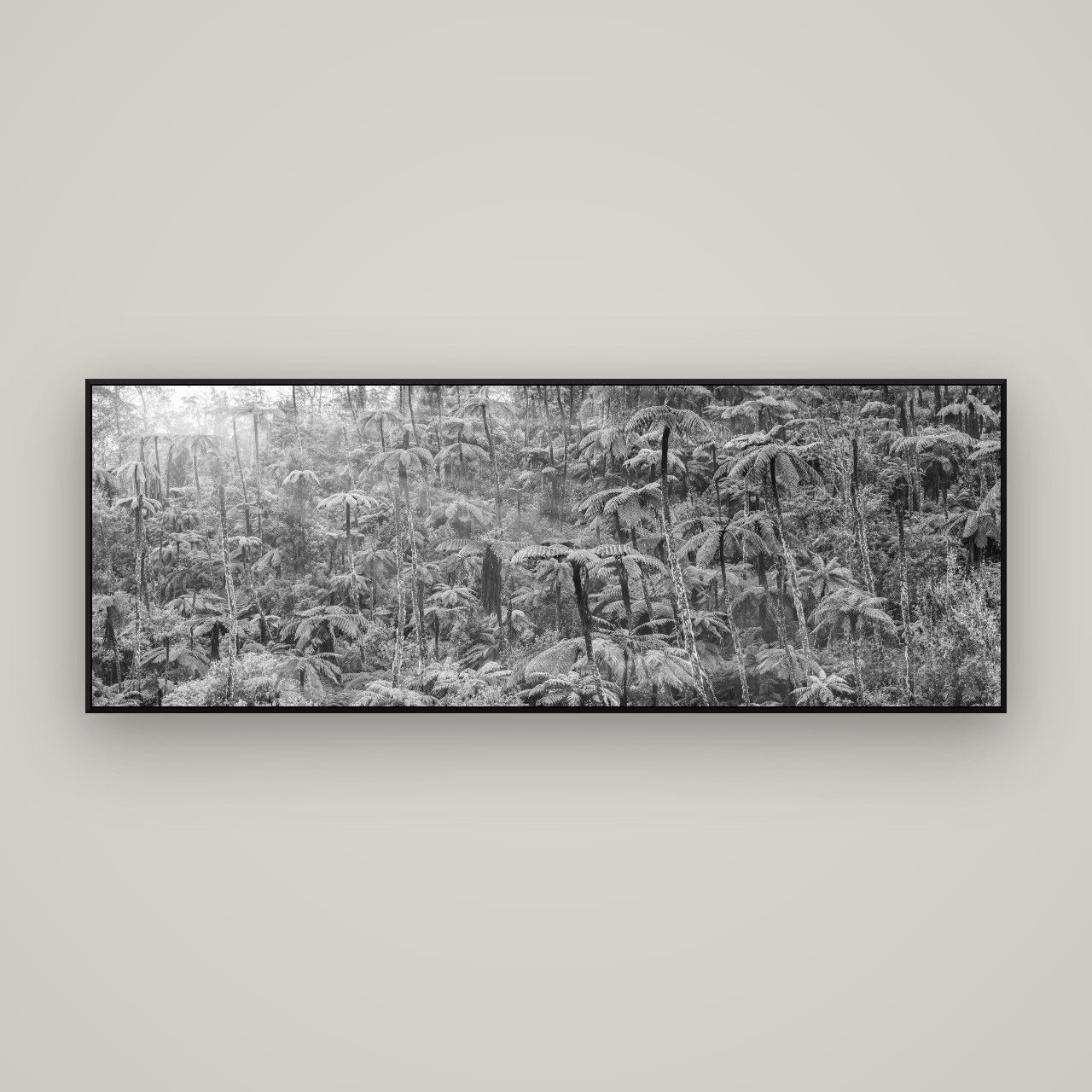 Enchanted Reverie, Tall Ferns' Embrace — ArtBox Black, 170×60 cm. New Zealand fine art wall art by Stephen Milner.