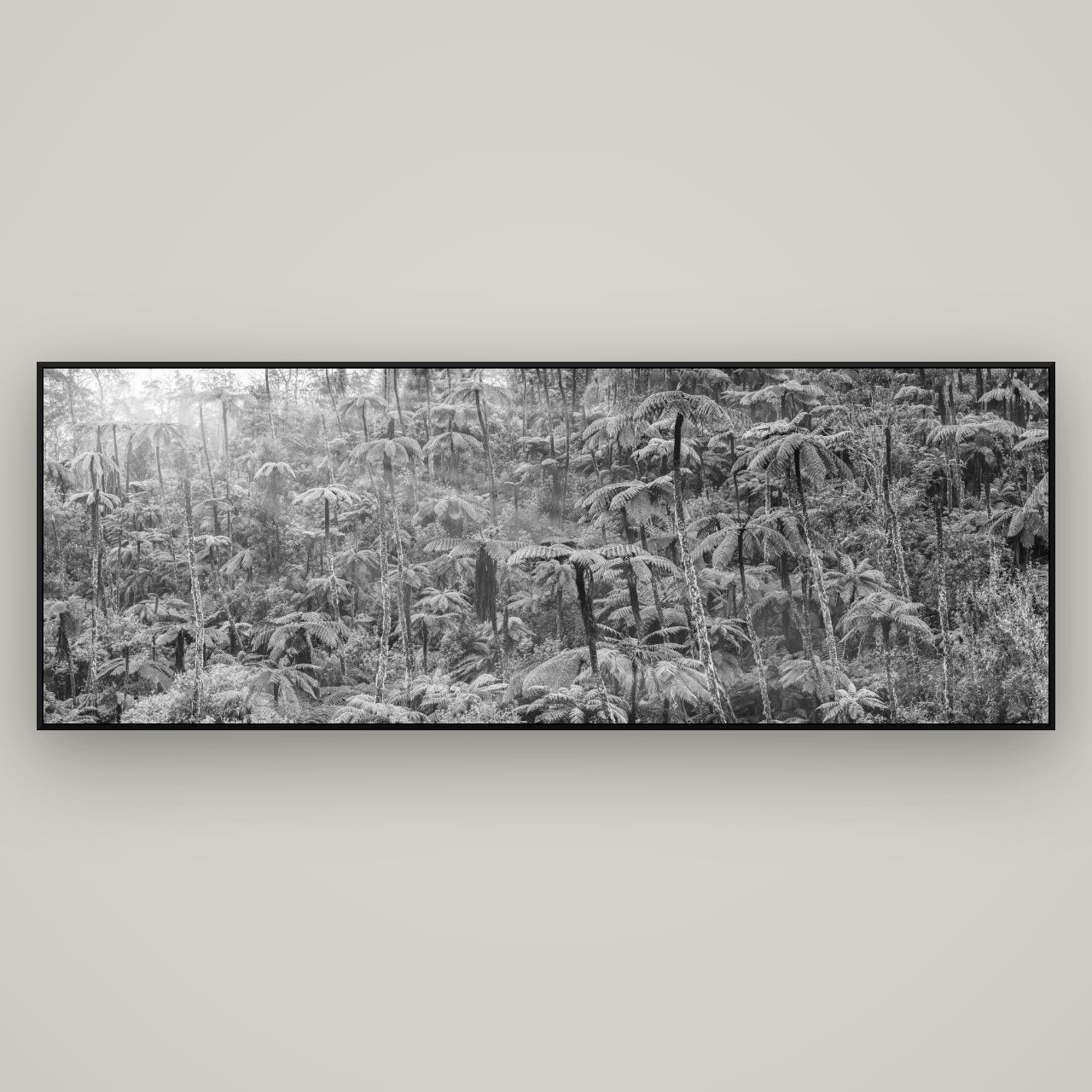 Enchanted Reverie, Tall Ferns' Embrace — ArtBox Black, 198×70 cm. New Zealand fine art wall art by Stephen Milner.