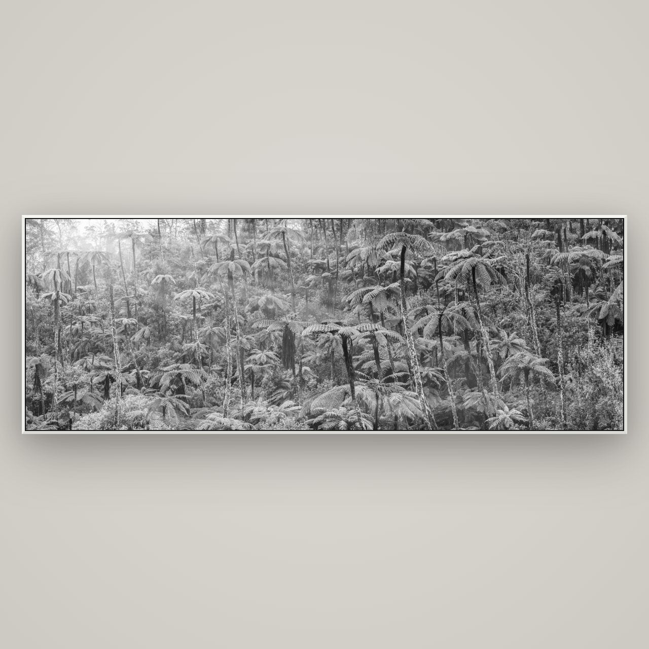 Enchanted Reverie, Tall Ferns' Embrace — ArtBox White, 198×70 cm. New Zealand fine art wall art by Stephen Milner.