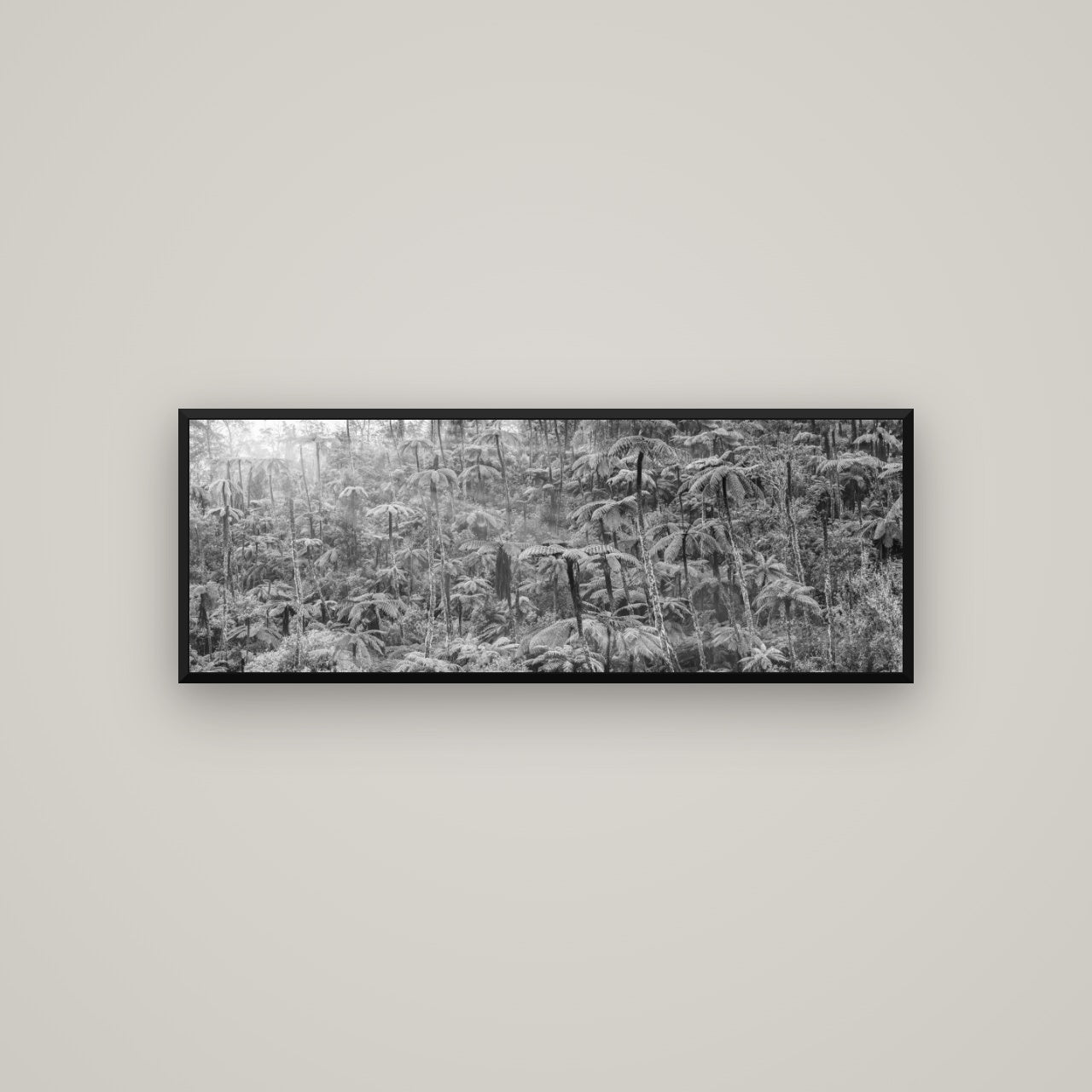 Enchanted Reverie, Tall Ferns' Embrace — Basel Black, 113×40 cm. New Zealand fine art wall art by Stephen Milner.