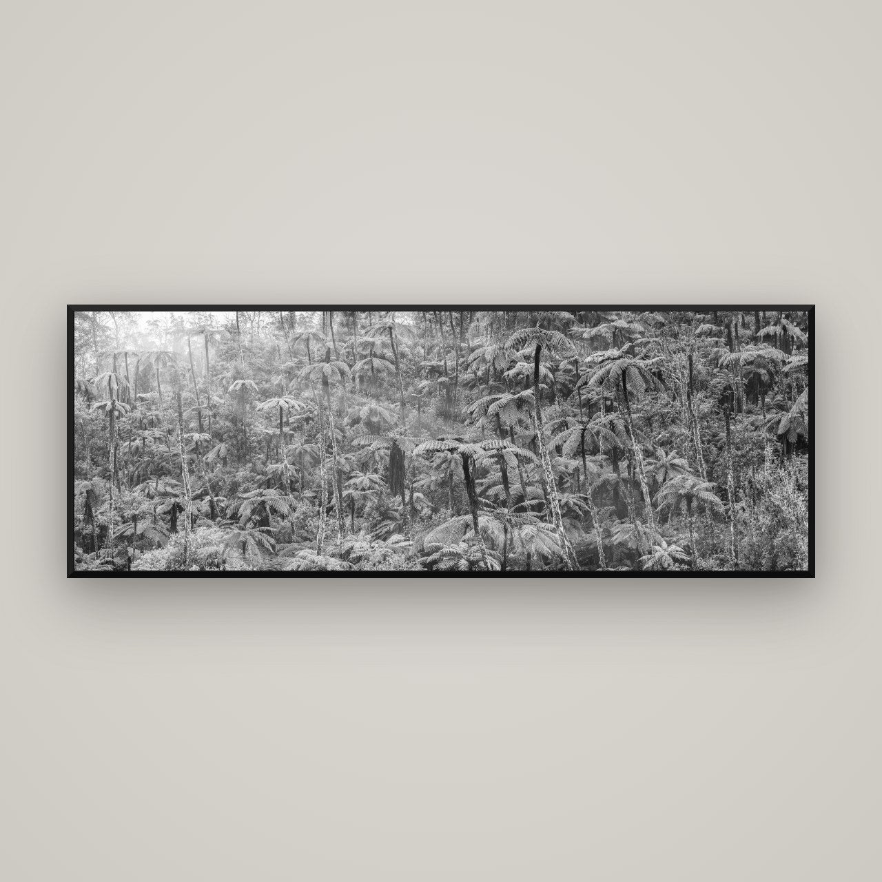Enchanted Reverie, Tall Ferns' Embrace — Basel Black, 170×60 cm. New Zealand fine art wall art by Stephen Milner.
