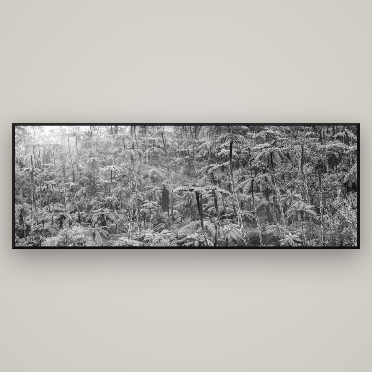 Enchanted Reverie, Tall Ferns' Embrace — Basel Black, 198×70 cm. New Zealand fine art wall art by Stephen Milner.